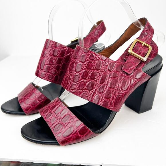 SZ 40.5 Chloe Red Leather Croc Style Sandal Heels - Picture 3 of 8